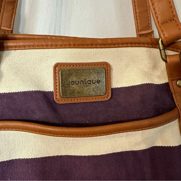 Younique Beach Style Purple & Tan Stripe Canvas Tote Bag GUC - Picture 3 of 8